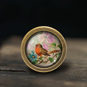 Peut inclure: Un pendentif rond en laiton avec un dôme en verre représentant une petite peinture d'un oiseau à poitrine orange perché sur une branche avec des fleurs roses et bleues.