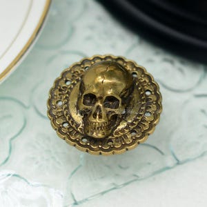May include: A brass cabinet knob featuring a skull design. The skull is centrally positioned on a circular base with an intricate, filigree-style border. The knob has a vintage, antique appearance.