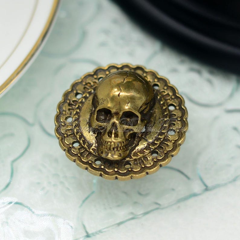 May include: A brass cabinet knob featuring a skull design. The skull is centrally positioned on a circular base with an intricate, filigree-style border. The knob has a vintage, antique appearance.