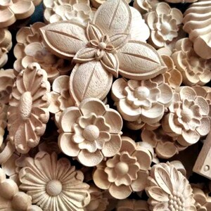 Puede incluir: Una colecci&oacute;n de aplicaciones florales de madera tallada de forma intrincada, en varios tama&ntilde;os y dise&ntilde;os. Las aplicaciones est&aacute;n hechas de madera marr&oacute;n claro y presentan tallas detalladas de flores, hojas y otros elementos decorativos.