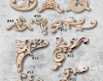 1 Piece Unpainted Wood Carved Corner Applique Onlay,Home Wall Corners Embellishments,Furniture Carving Art Decor,Decals,Corner flower MT35-3