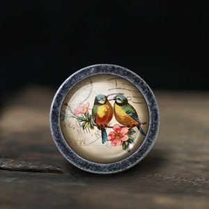 Peut inclure: Un bouton rond gris avec un insert en verre représentant une illustration vintage de deux oiseaux bleus perchés sur une branche avec des fleurs roses. Les oiseaux sont jaunes, bleus et orange.