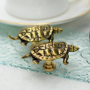May include: Two gold-toned turtle-shaped cabinet knobs. The knobs are detailed with a textured shell and have a brass finish.