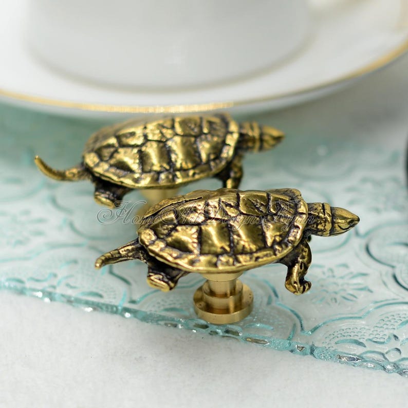 May include: Two gold-toned turtle-shaped cabinet knobs. The knobs are detailed with a textured shell and have a brass finish.