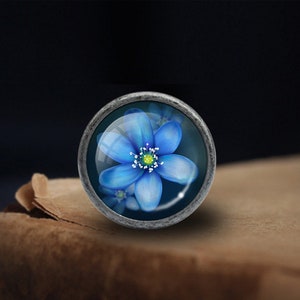 Puede incluir: Una flor azul con un centro amarillo est&aacute; encerrada en una c&uacute;pula redonda de vidrio plateado.