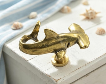 Antique Brass Hammerhead Shark Drawer Knob, Nautical Ocean Cabinet Pull, Sea Animal Dresser Handle, Coastal Beach House Furniture Hardware