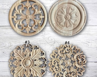 1 Piece Round Rosettes Applique Onlay, Unpainted Wood Carved Applique Onlay, Furniture Carving Supplies, Wood decals,Corner flowers MT3