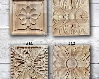 1 Piece Square Rosettes Applique Onlay, Unpainted Wood Carved Applique Onlay, Furniture Carving Supplies, Wood Decals,Corner flower MT7-3