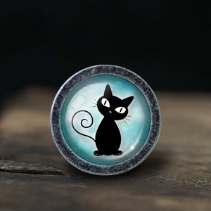 Puede incluir: Un gato negro con ojos blancos sentado sobre un fondo azul y blanco. La imagen está dentro de un marco de metal plateado.