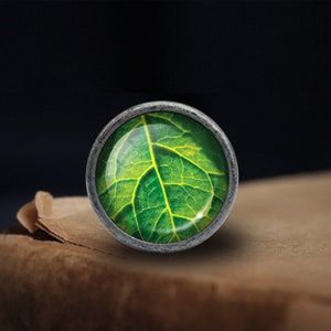 May include: A silver-toned round pendant with a green leaf design inside a glass dome.