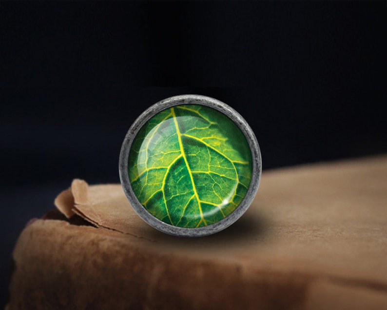 May include: A silver-toned round pendant with a green leaf design inside a glass dome.