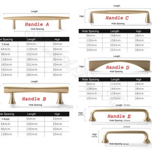 Puede incluir: Diagrama de varios tiradores de armario dorados, etiquetados de la A a la E, con medidas en mil&iacute;metros. El diagrama incluye la separaci&oacute;n entre agujeros, la longitud y las dimensiones de altura para cada estilo de tirador.