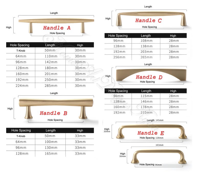 Puede incluir: Diagrama de varios tiradores de armario dorados, etiquetados de la A a la E, con medidas en mil&iacute;metros. El diagrama incluye la separaci&oacute;n entre agujeros, la longitud y las dimensiones de altura para cada estilo de tirador.
