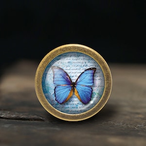 May include: A circular bottle stopper with an antique brass finish, showcasing a blue butterfly. The butterfly's wings have orange highlights, set against a backdrop of script and a teal pattern.