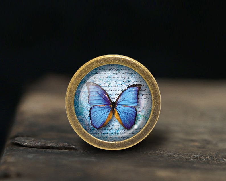 May include: A circular bottle stopper with an antique brass finish, showcasing a blue butterfly. The butterfly's wings have orange highlights, set against a backdrop of script and a teal pattern.
