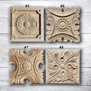 1 Piece Square Rosettes Applique Onlay, Unpainted Wood Carved Applique Onlay, Furniture Carving Supplies, Wood Decals,Corner flower MT7-2