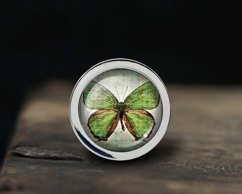 May include: A silver ring featuring a green butterfly design. The butterfly is encased in a clear glass dome.
