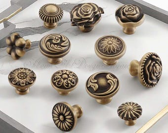 Tiradores de flores de bronce y latón macizo retro, tiradores para cajones, armarios, armarios, tiradores de latón para cajones, herrajes para muebles