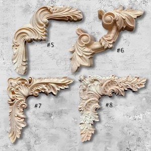 1 Piece Unpainted Wood Carved Corner Applique Onlay,Home Wall Corners Embellishments,Furniture Carving Art Decor, Decals,Corner flower MT39