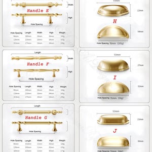 Puede incluir: Cat&aacute;logo de herrajes de lat&oacute;n para armarios. La imagen muestra varios estilos de tiradores, incluyendo barras y conchas, con dimensiones en mil&iacute;metros y pesos en gramos. Los tiradores var&iacute;an en longitud y distancia entre agujeros.