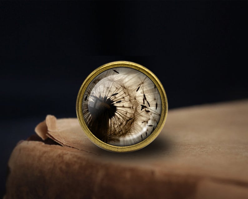 May include: A round, gold-toned pendant with a glass dome featuring a black and white image of a dandelion seed head with its seeds dispersed.