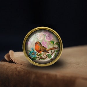 May include: A gold-toned metal button with a glass dome featuring a painted image of a robin perched on a branch with pink and white flowers.