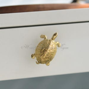 May include: Gold turtle drawer pull. The turtle is facing to the right and has a detailed shell.
