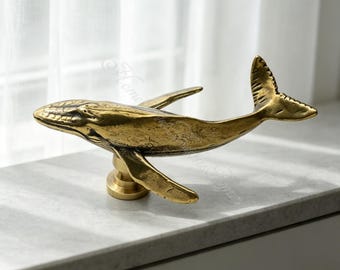 Brass Whale Cabinet Knob, Vintage Nautical Drawer Pull, Ocean Animal Handle, Coastal Beach Home Decor