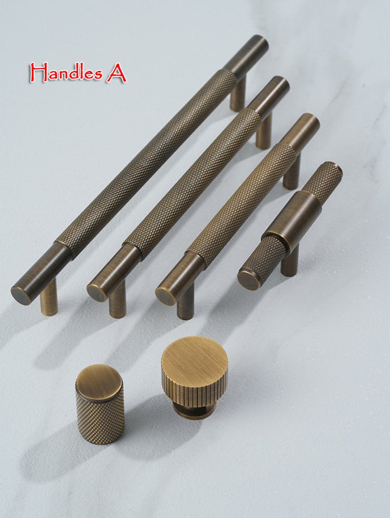 Minimalist solid brass Antiqued bronze knurled handle drawer wardrobe door handle cabinet handle Drawer Handles Brass Handle Knob Hardware 画像 2