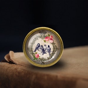May include: A round, gold-toned, decorative knob with a glass insert featuring a vintage design of three blue birds perched on a branch with pink roses. The design is surrounded by a decorative, ornate frame.