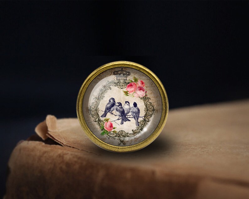 May include: A round, gold-toned, decorative knob with a glass insert featuring a vintage design of three blue birds perched on a branch with pink roses. The design is surrounded by a decorative, ornate frame.