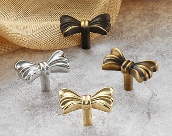 Solid Brass Bow knobs handles closet door pulls Furniture Cabinet shiny gold pull Single hole shiny siver knob Furniture drawer knob Handles