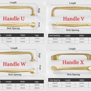 May include: Four gold-colored cabinet handles, labeled U, V, W, and X, with dimensions in millimeters. Each handle style is shown from two perspectives, with measurements for hole spacing, length, width, and height. The text "Handle" is displayed above each handle.