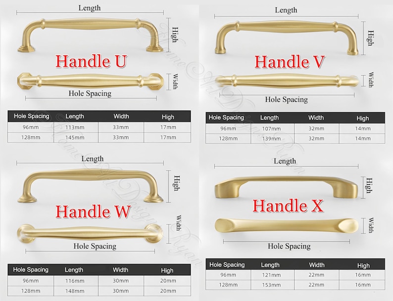 May include: Four gold-colored cabinet handles, labeled U, V, W, and X, with dimensions in millimeters. Each handle style is shown from two perspectives, with measurements for hole spacing, length, width, and height. The text "Handle" is displayed above each handle.