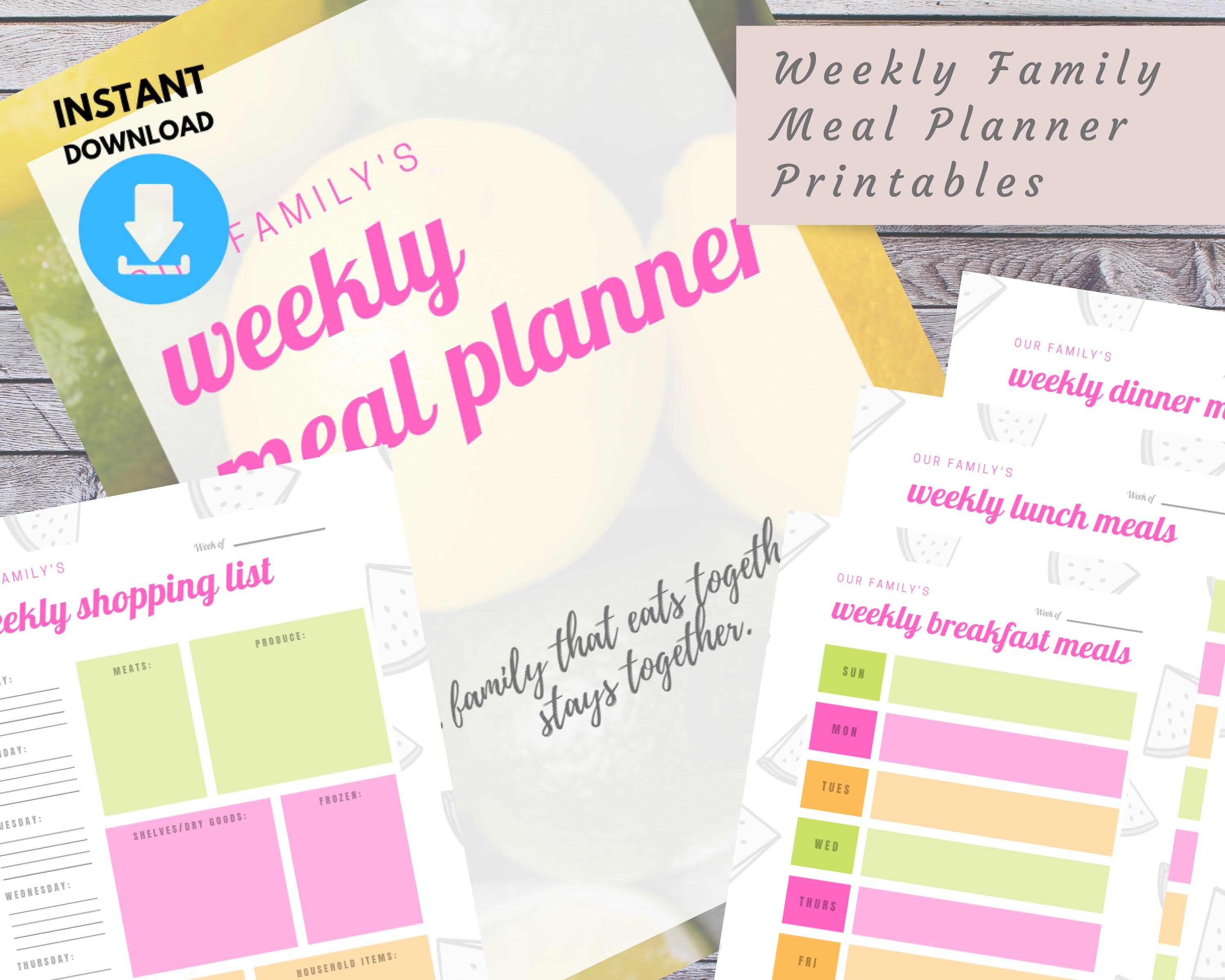 Family Weekly Meal Planner With Shopping List PRINTABLE 3 Sizes INSTANT