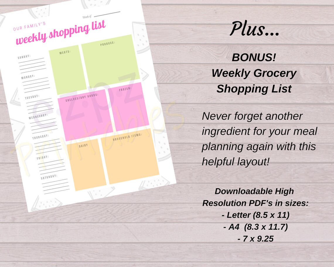 Family Weekly Meal Planner With Shopping List PRINTABLE 3 Sizes INSTANT