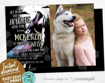 Howling Wolf Birthday Invitation with Photo, Printable Digital Editable Invitation, Girls Wolf Birthday, Wild One Birthday Invite Party A113