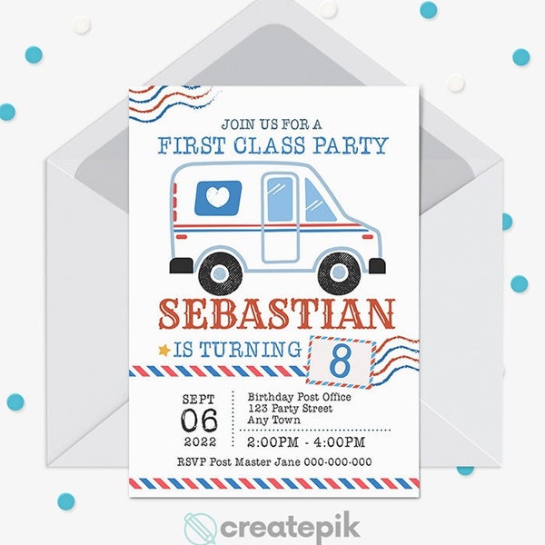 Editable Mail Truck Birthday Party Mailman Invitation Post Office Usps Mail Birthday Digital Printed Invitation Kids Instant Download