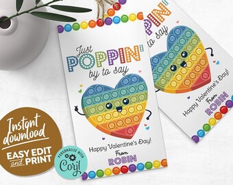 Just Popping by to say Happy Valentine's Day, Pop It Valentine, Classroom Valentine, Editable Tag Template, Printable Instant Download V103