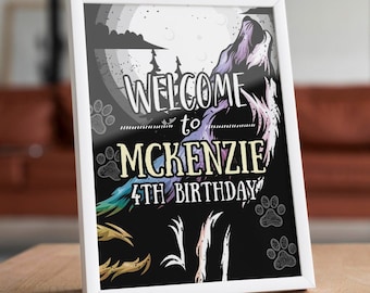 Howling Wolf Birthday Welcome sign, Printable Digital Editable File, Girls Wolf Birthday, Wild One Birthday Party A113