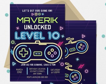 Video Game Level 10 Unlocked Birthday Invitation 10 Year Old Video Gamer Party Invite 10th birthday Boy Editable Template Download A108