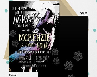 Howling Wolf Birthday Invitation, Printable Digital Editable Invitation, Girls Wolf Birthday, Wild One Birthday Invite Party A113