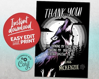 Howling Wolf Birthday Thank You Invitation, Printable Digital Editable Invitation, Girls Wolf Birthday, Wild One Birthday Invite Party A113