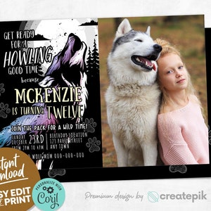Howling Wolf Birthday Invitation with Photo, Printable Digital Editable Invitation, Girls Wolf Birthday, Wild One Birthday Invite Party A113