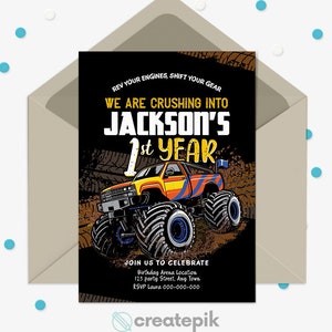 May include: A birthday party invitation featuring a monster truck with a black, yellow, orange, and blue color scheme. The text reads "Rev your engines, shift your gear. We are crushing into Jackson's 1st year. Join us to celebrate. Birthday Arena Location. 123 party Street. Any Town. RSVP Laura 000-000-000."