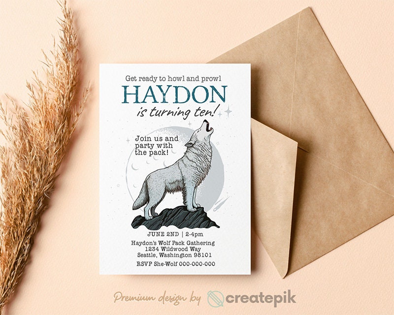 Wolf Birthday Party Invitation, Wolf Theme Birthday Party Invites