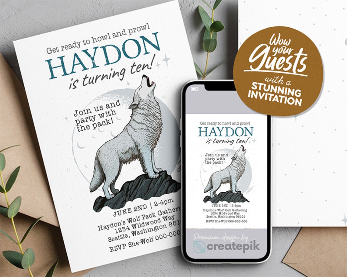 Wolf Birthday Party Invitation, Wolf Theme Birthday Party Invites