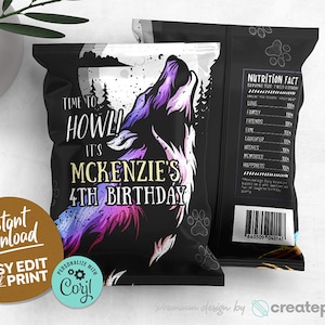 Howling Wolf Birthday Party Chip Bags, Editable Wolf Party Favors, Girls Wolf Birthday, Wild One Birthday Party Instant Download A113