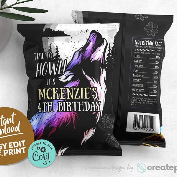 Howling Wolf Birthday Party Chip Bags, Editable Wolf Party Favors, Girls Wolf Birthday, Wild One Birthday Party Instant Download A113