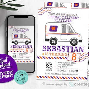Editable Mail Truck Birthday Party Mailman Invitation Post Office Mail Themed Birthday Digital Invitation Kids Instant Download